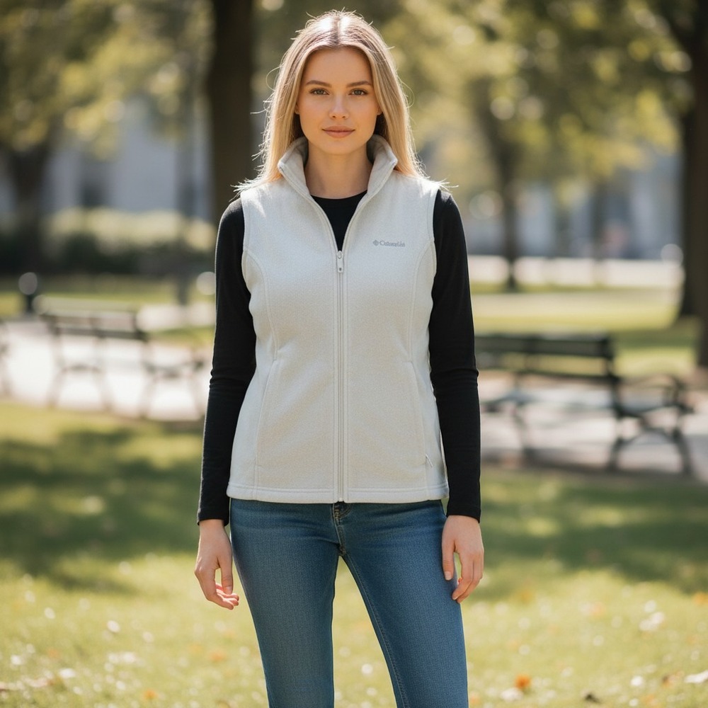 Columbia Womens White Fleece Full Zip Benton Springs Vest Size Medium